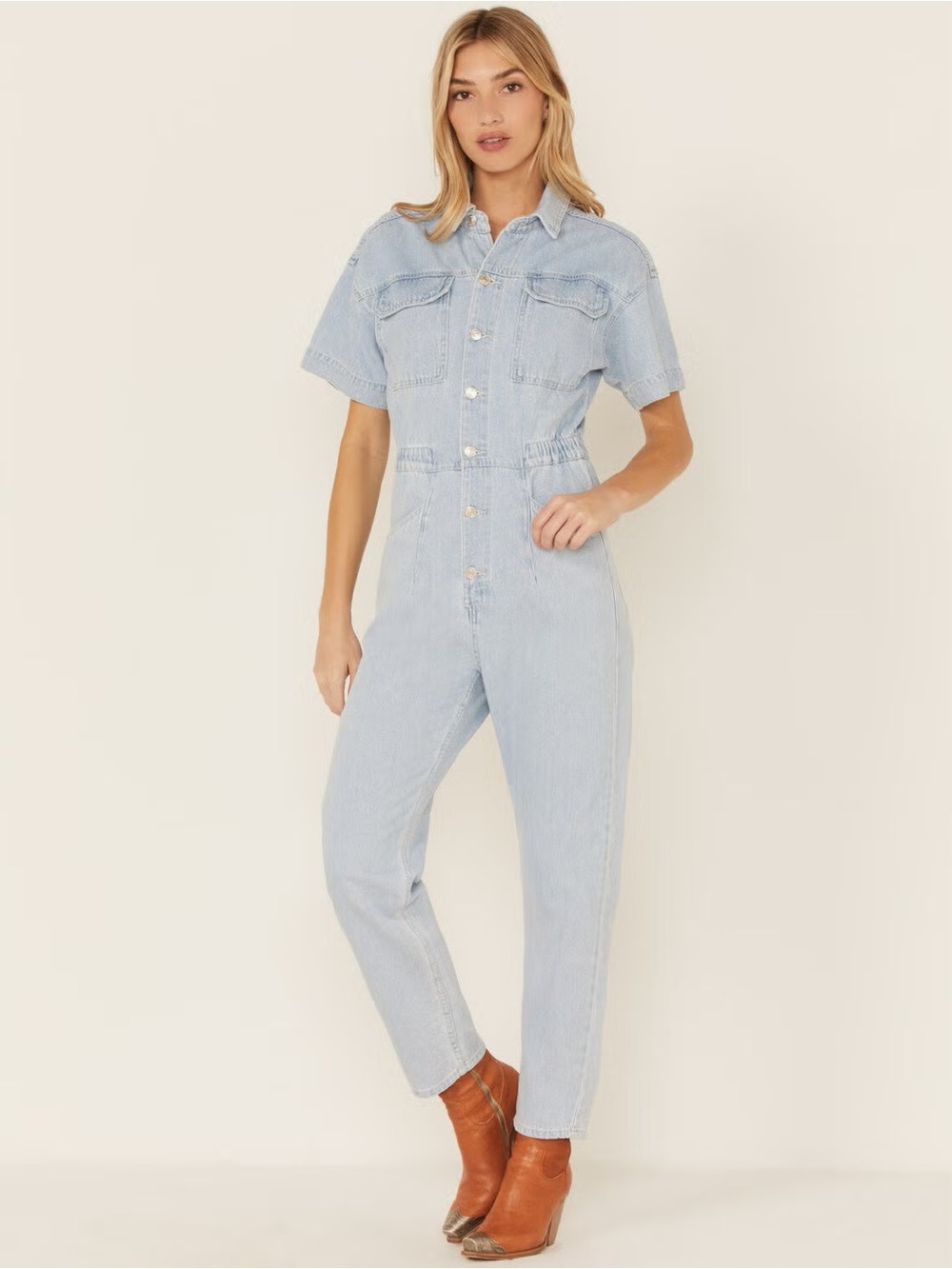 FREE PEOPLE Denim MARCI Coverall Jean Jumpsuit with Snap Pockets Clear Skies - Picture 2 of 12